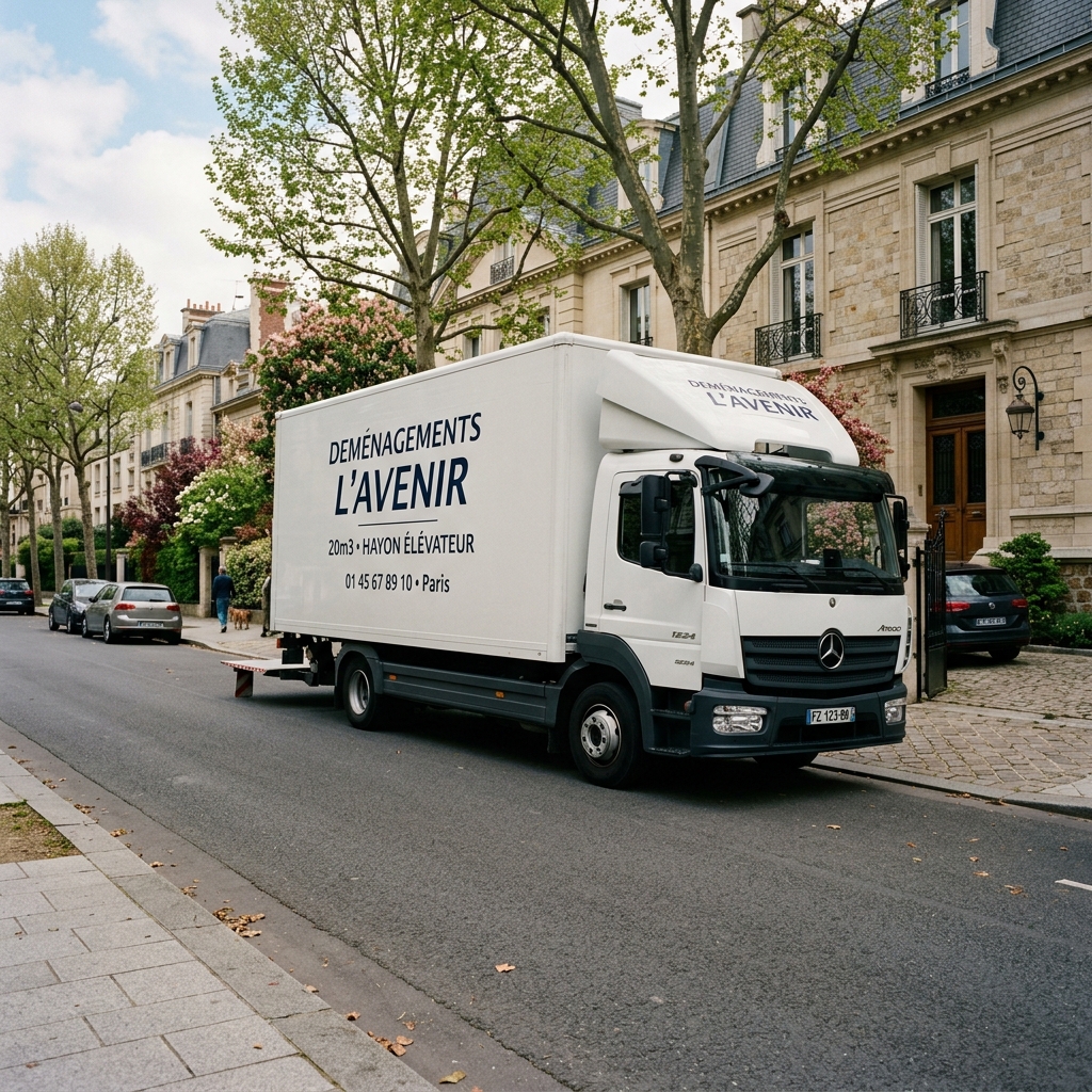 Un camion utilitaire blanc à caisse surélevée façon « Luton », vu de trois-quarts avant, garé devant un entrepôt.