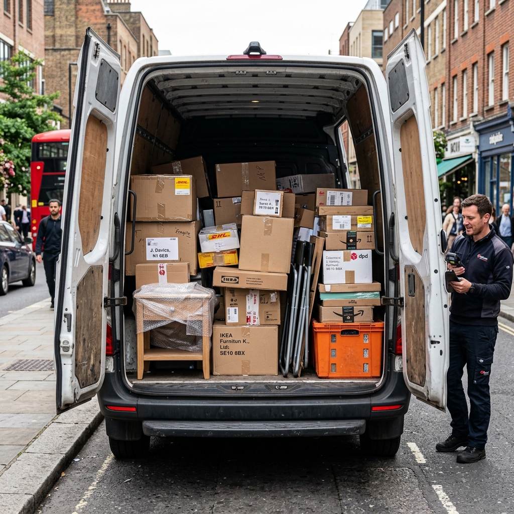 L'espace de chargement vide d'un fourgon utilitaire (Fiat Ducato), parois habillées de bois — la capacité de transport disponible que le cotransportage cherche à valoriser.