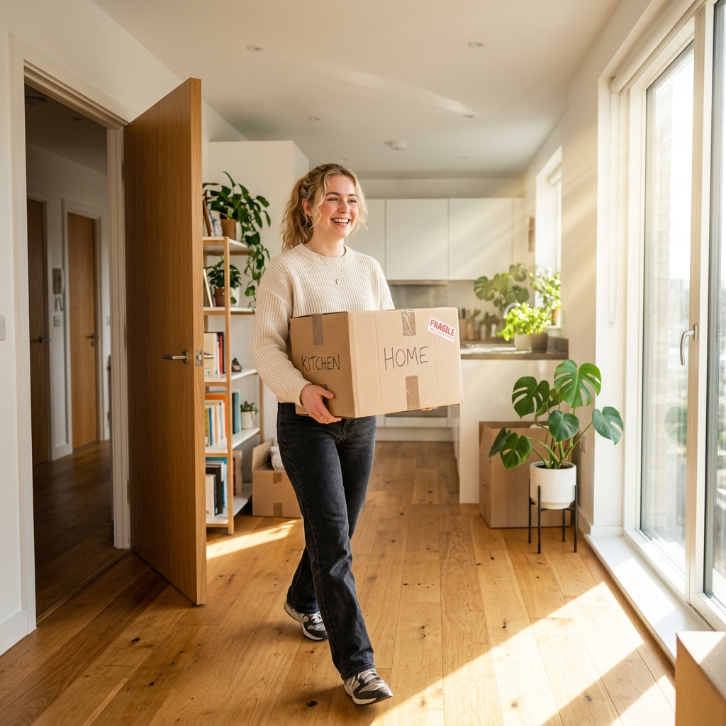 Deux personnes, vues de dos, soulèvent un canapé vers une fenêtre ouverte d'immeuble, où un bras tend la main depuis l'intérieur pour le réceptionner, lors d'un déménagement entre amis.