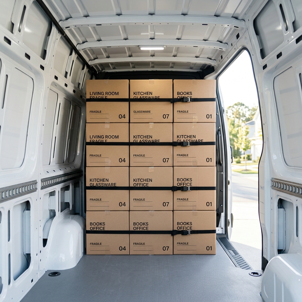 Un salon en plein déménagement : piles de cartons de déménagement empilés, fauteuils et meuble protégés par des housses matelassées bleues, et un diable de manutention prêts à être chargés dans l'utilitaire.