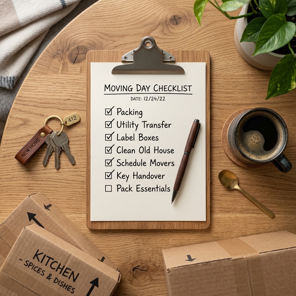 Un carton de déménagement ouvert et vide, avec des étiquettes imprimées pièce par pièce en allemand (Wohnzimmer, Schlafzimmer, Kinderzimmer, Küche) et un champ à remplir pour le contenu, photographié sur un fond neutre.