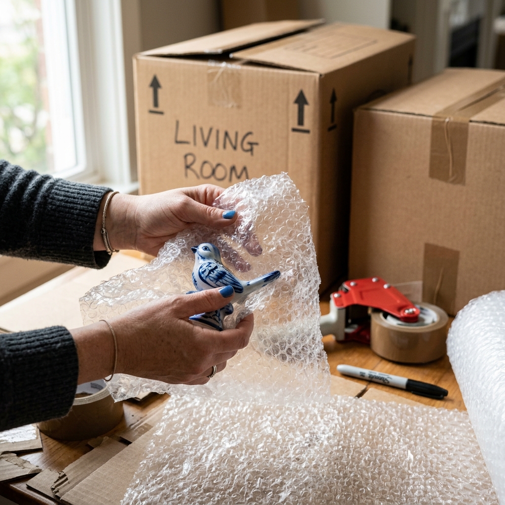 Une couverture de déménagement bleue matelassée, pliée, posée sur une table — le type de protection utilisé pour caler les meubles et les objets fragiles pendant le transport.