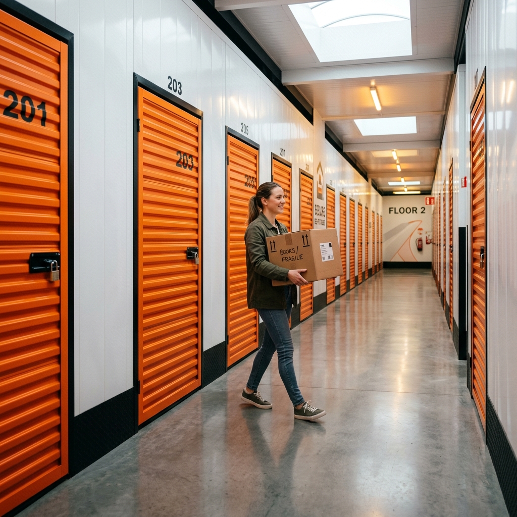 Un couloir de self-stockage bordé de portes de box individuelles grises à rideau métallique, dans un bâtiment industriel rénové, sans enseigne visible.